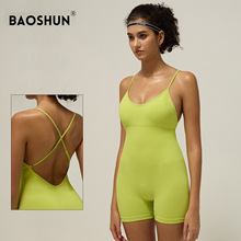 跨境欧美带胸垫交叉吊带连体瑜伽服女美背运动连体衣训练健身服