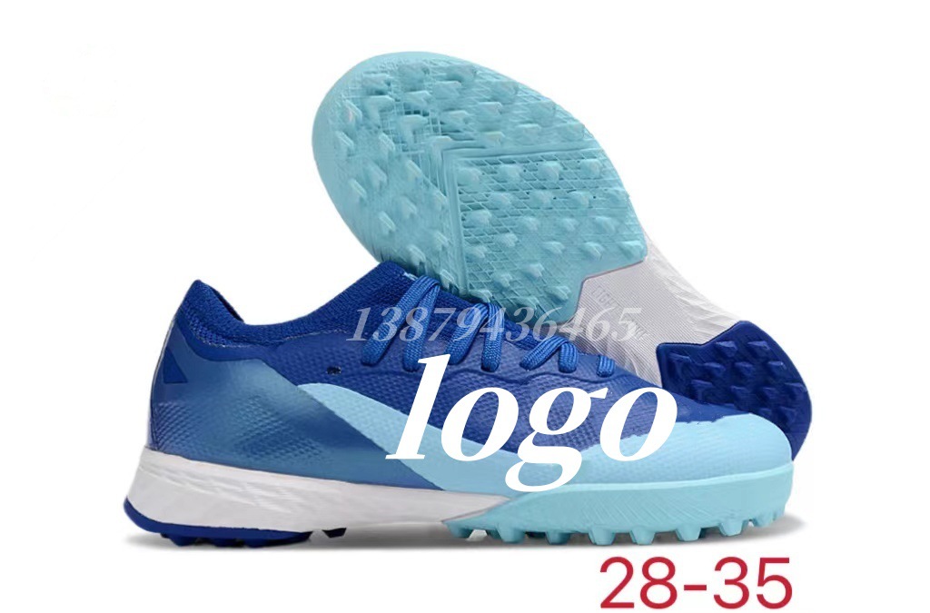 Los fabricantes de Putian venden al por mayor zapatos de fútbol de la serie X de entrenamiento verde de uñas rotas para niños y niñas de interior transfronterizos