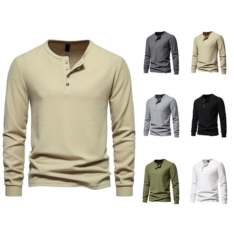 Amazon 2025 Export New Men's T-Shirt Waffle Henley Collar Top Fashionable European Size Long-Sleeved T-Shirt for Men