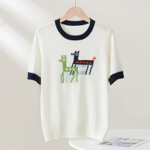 2025年夏季新款精纺羊毛圆领针织衫短袖T恤女小鹿提花拼色打底衫