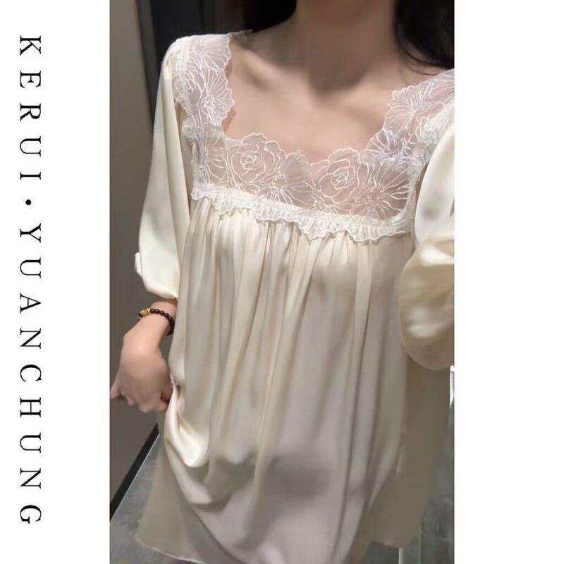 Ice Silk Nightgown for Women in Summer with Breast Pads, Princess Lace Trim, Loose and Slimming Long Style, Can Be Worn Outside as Home Wear Ice Silk Nightgown for Women in Summer with Breast Pads, Princess Lace Trim, Loose and Slimming Long Style, Can Be Worn Outside as Home Wear
