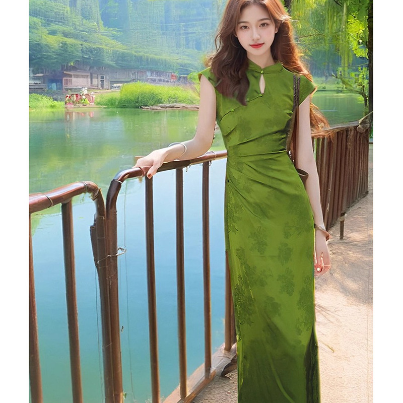 新中式印花改良旗袍年轻款显瘦显白开叉长款连衣裙女年夏季|undefined
