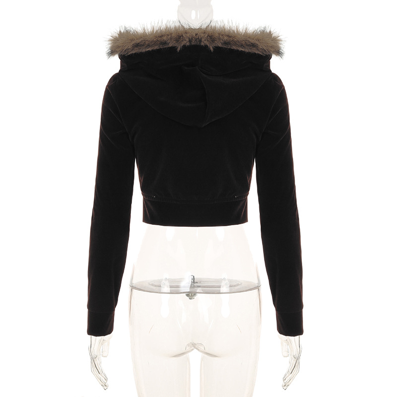 Women Fur Stitching Hooded Zip Cardigan Pocket Design Jacket Autumn Winter Solid Color Sexy Velvet Coat