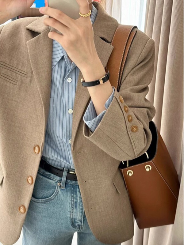 Petite Women's Blazer with a Sense of Design, Khaki Spring and Autumn New Korean Style, Loose and Slimming Suit Jacket