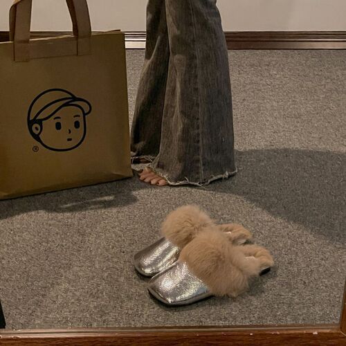 Foreign style, fluffy slippers, women's autumn and winter, new style, flat, lazy Muller, fluffy, baotou half slippers