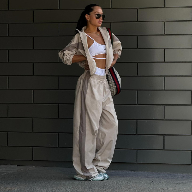 European and American Loose Casual Women's Fashion Contrast Color Long Sleeve Sports Cardigan Trousers Two-piece Set Women's Trousers suit Women