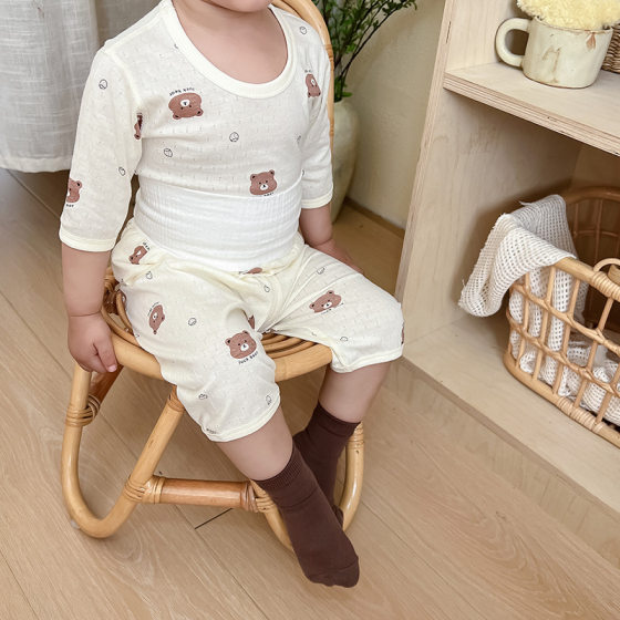 Baby's High Waist Pajamas Belly Protecting Baby's Summer Breathable Thin Home Clothes Children's Boys and Girls Seven-Sleeve Air-Condioning Clothes
