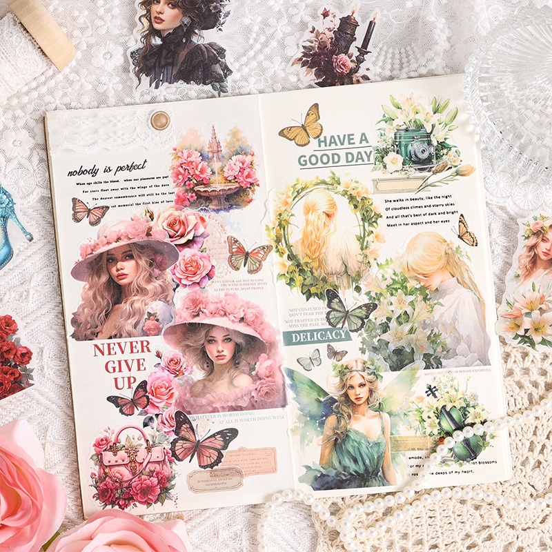 Belleza floreciente retro personaje y papel pegatinas bolsas diy cuaderno diario material de decoración pegatinas de chicas europeas y americanas