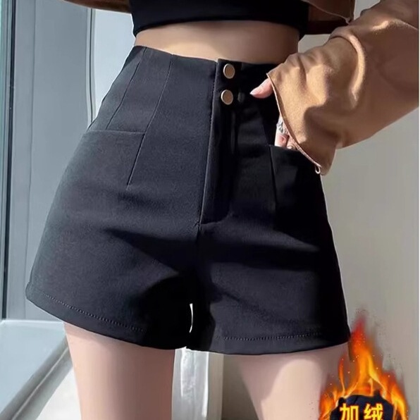 Black Suit Shorts for Women, Spring and Autumn, Fleece-Lined, High-Waisted, Slimming, Stretchy A-Line, Bottom Half Missing, Leggings Boot Shorts