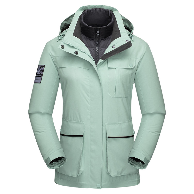 Otoño e invierno montañismo pareja ropa tres en uno de dos piezas desmontable abajo forro engrosada chaqueta impermeable al aire libre