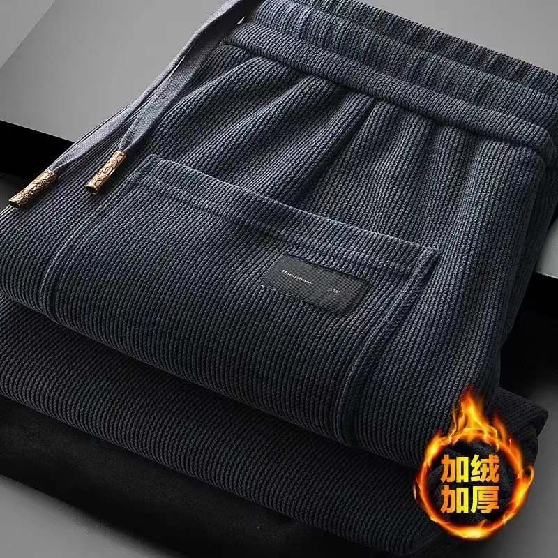 2025 pantalones casuales de terciopelo más pantalones casuales de invierno para hombres calentados y sueltos de tamaño recto de cintura elástica tendencia pantalones largos