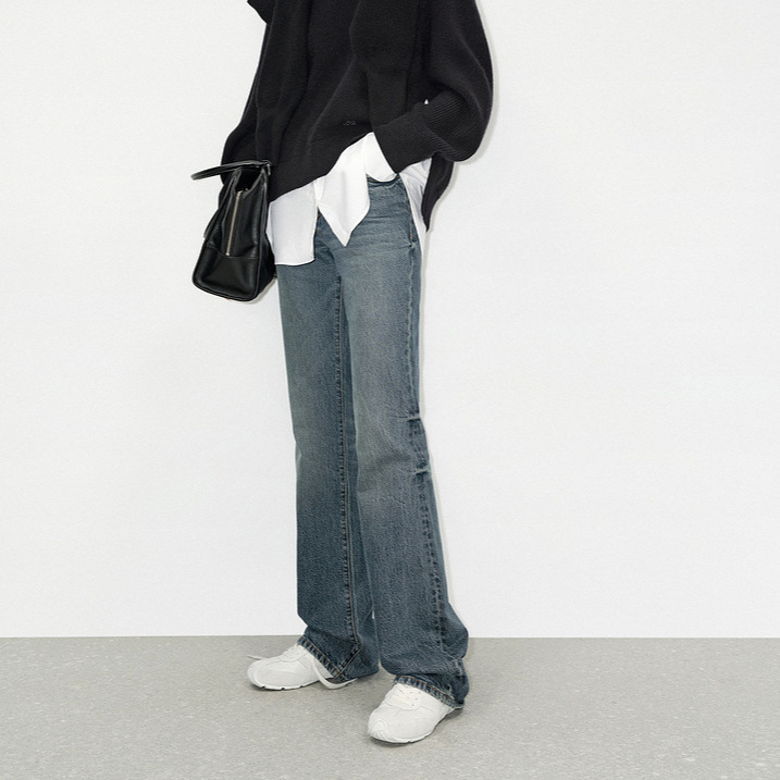 Li Shao Girl's new spring 2025 high-waist loose straight-leg pants denim blue narrow version straight-leg jeans women's long style