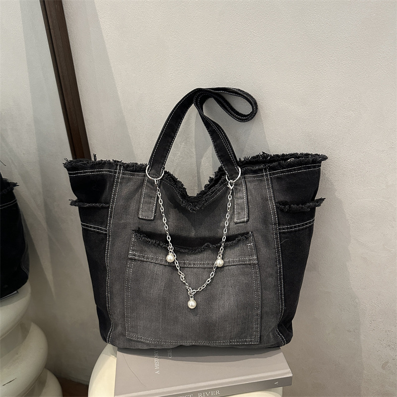 Borsa tote in denim sfumato borsa a spalla donna versatile_voghion.com