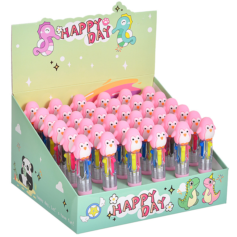 Caricatura de pingüinos lindos mini bolígrafo de cuatro colores multicolor en uno bolígrafo de cuentas de mano de color para estudiantes premios papelería al por mayor