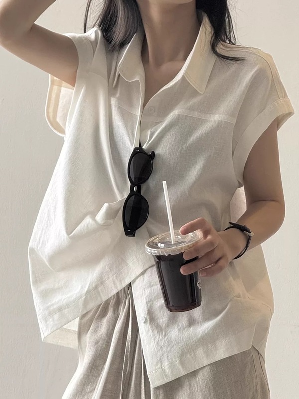 韓国スタイルのフライングスリーブリネンシャツ女性のための夏のデザインニッチノースリーブフレンチトップハイエンドレトロシャツ|undefined