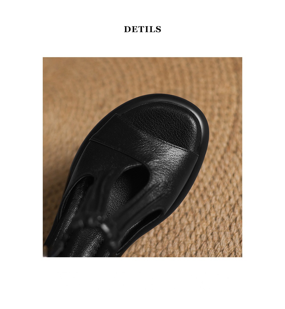 Sandal nữ da cừu mũi cá hở gót, đế dày gót thô 9 cm, quai ngang một dây — đen chi tiết 17