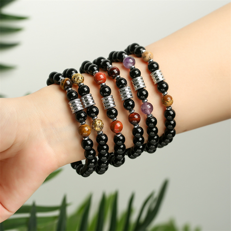 Cruz-frontera nueva venta caliente de acero inoxidable Ojo de Tigre Púrpura cristal brillante cuentas negras pulsera de los hombres pulsera de piedra natural de los hombres y la pulsera de las mujeres