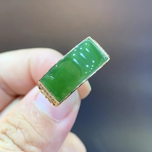 Fubei Diamond Jewelry [18K Gold Inlaid with Hetian Jasper Laokeng Ice Bottom Spinach Green Ring] Bare Stone about 8*18mm
