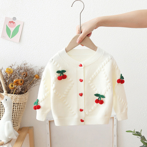 Baby Knit Cardigan Autumn Wear 2024 New Trendy Korean Version Baby Acrylic Sweater Outerwear Cherry Cardigan for Girls