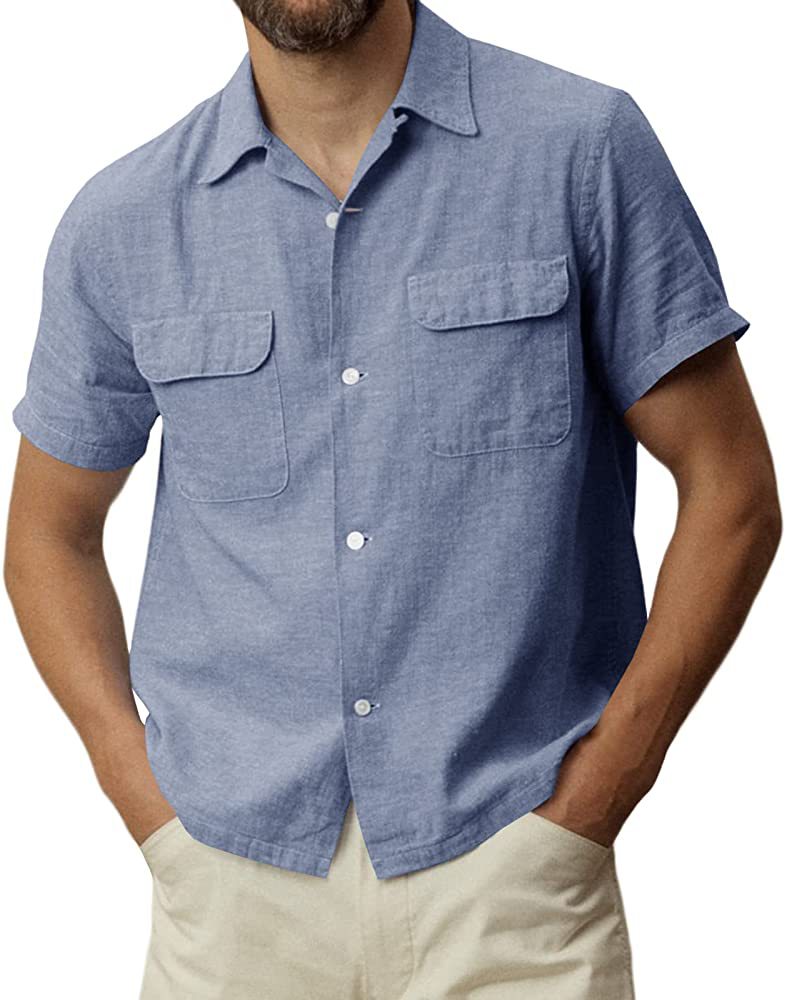 男式棉麻短袖衬衫夏季纽扣棉质古巴营地海滩休闲口袋上衣T恤