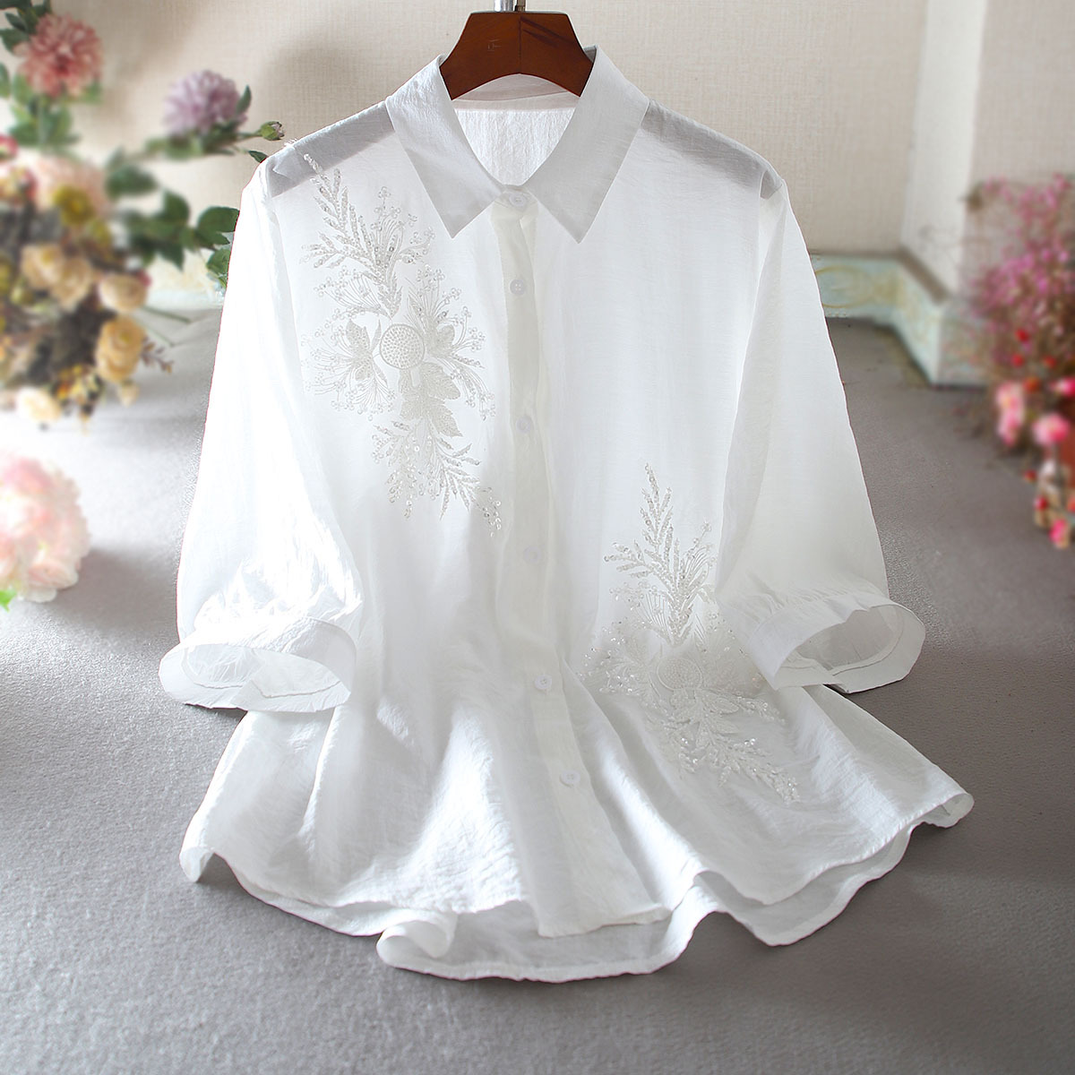 夏季原创钉珠休闲宽松显瘦棉麻文艺女装衬衫OL气质中长款中袖上衣