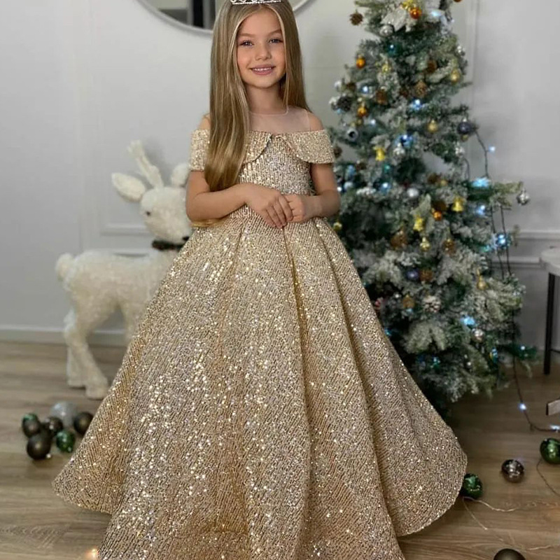 Mother & Kids Children's Sequined Tutu Skirt Off-Shoulder Princess Dress Catwalk Performance Outfit Flower Girl Hostess Birthday Dress_voghion.com