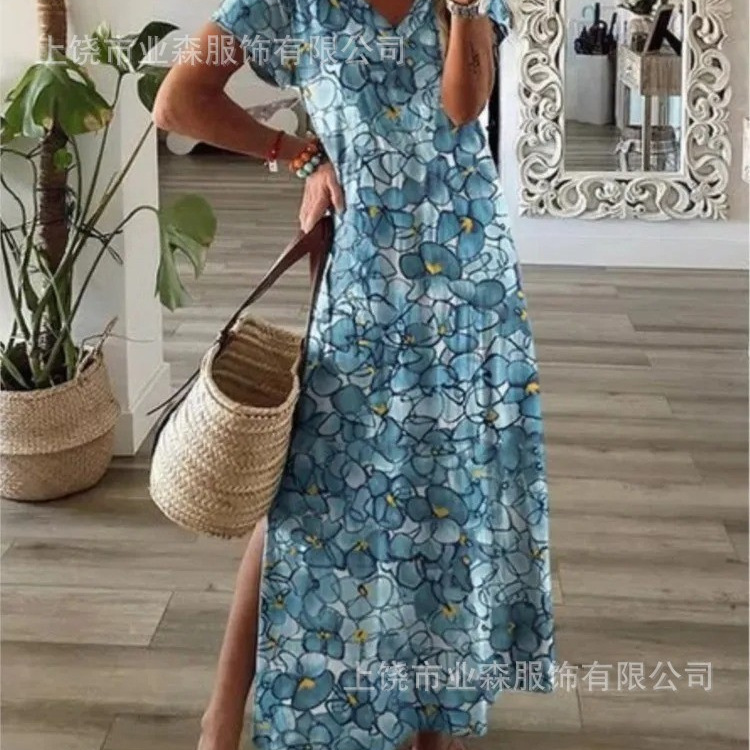 Summer Maxi Dress Casual V Neck Long Sleeve Bohemian Peacock Print Floral Long Dress