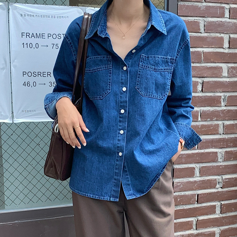 Real shot dark blue lapel Denim shirt women's shirt coat 2024 Spring and Autumn new outer wear loose top 2024