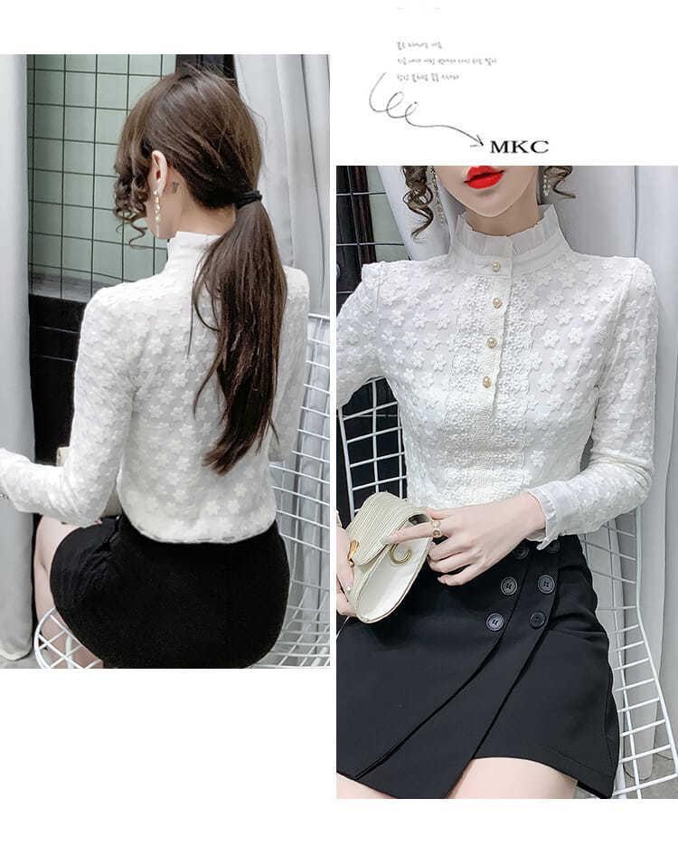 A high-end lace base layer shirt with added fleece and thickening for women in 2022, a stylish long-sleeved, warm and versatile top pic 13