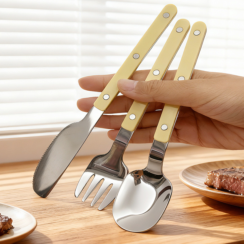 In-Stock Rivet Clip Handle Cutlery 304 Stainless Steel Western Steak Knife Dessert Spoon Fork Butter Knife Children's Western Cutlery