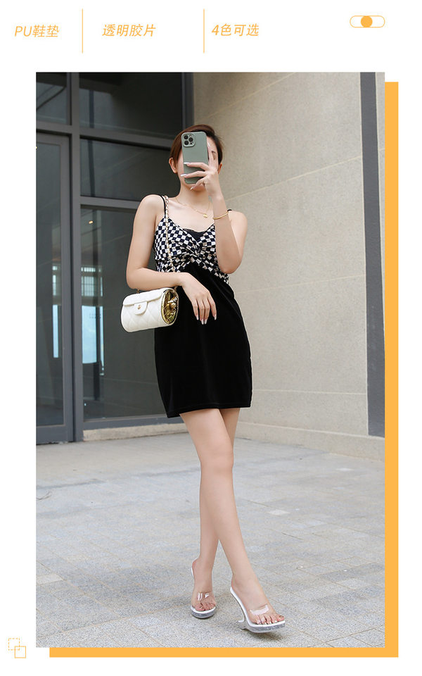 Giày sandal cao gót nữ trong suốt pha lê hở mũi gót nhọn — bạc, màu đỏ, trắng, đen chi tiết 2