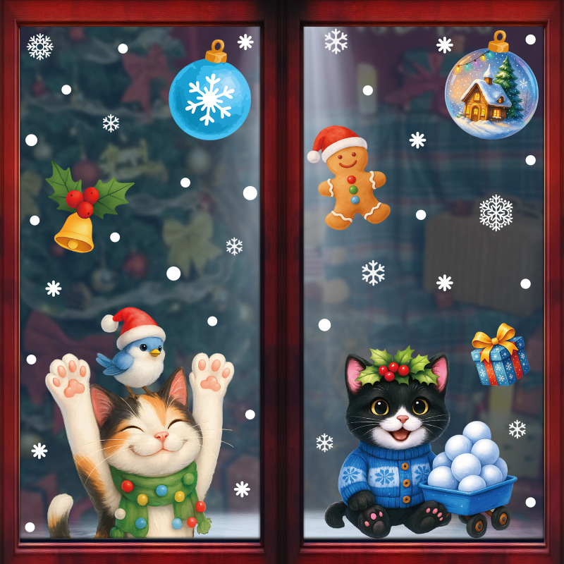 Amazon クリスマスステッカークリエイティブ子猫静電ステッカークリスマスパーティー用品スノーフレークベルガラスステッカー|undefined
