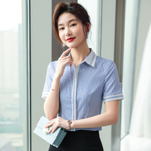 竖条纹衬衫女短袖设计感修身2022年夏季新款衬衣韩版撞色职业正装