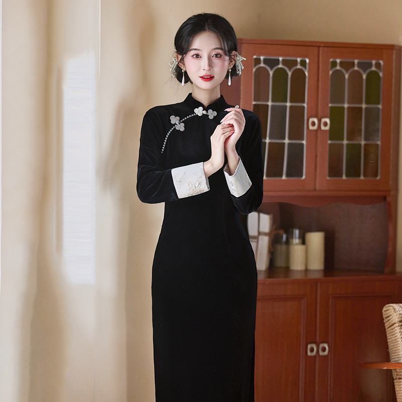 黑色国风新中式长款秋季长袖旗袍改良年轻款女高级感长袖外套秋冬|undefined