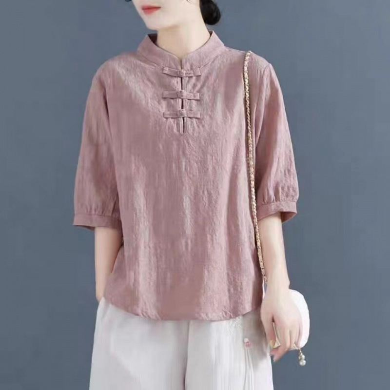 棉麻宽松T恤复古大码盘扣中袖衬衫女中式立领禅意茶服宽松套头衫