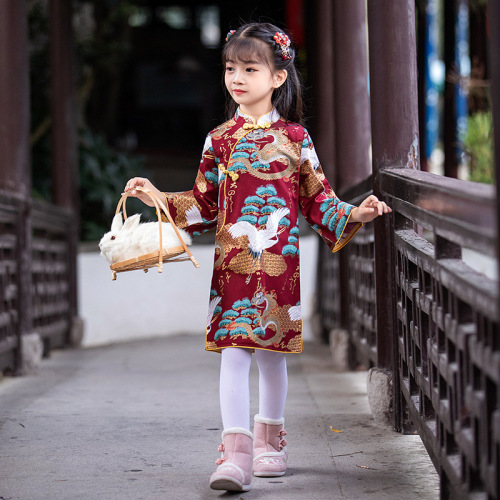 Girls' cheongsam autumn new children's Chinese style hot stamping buckle retro Hanfu dress baby one-year-old dress