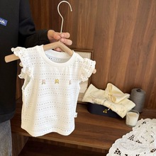 女童夏装背心T恤宝宝洋气儿童个性潮牌韩版甜美镂空花朵飞袖上衣