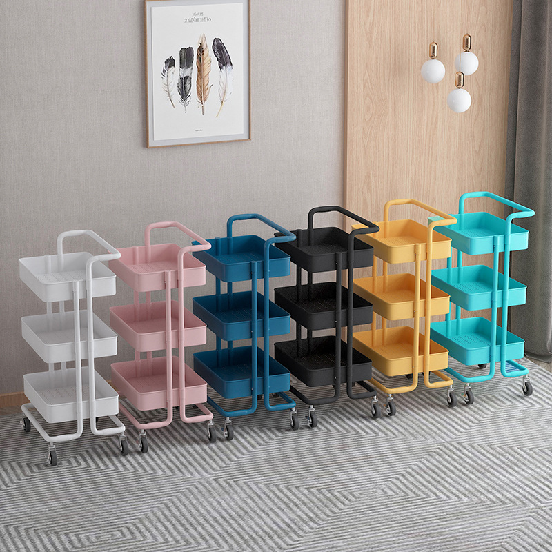 Carro de almacenamiento en rack de pie de tres capas sala de estar con ruedas móvil snack rack salón de belleza mesita de noche organizador de almacenamiento