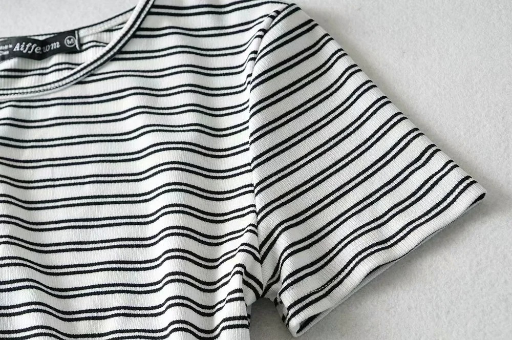 Drawstring striped short-sleeved contrast color T-shirt NSHS61803