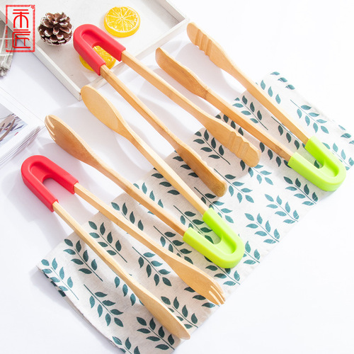 Bamboo food tongs, bread and barbecue tongs, buffet tongs, silicone food tongs, baking tools