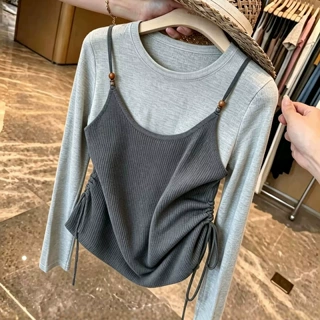 秋冬新款设计感叠穿假两件毛衣女法式撞色圆领长袖针织打底衫上衣