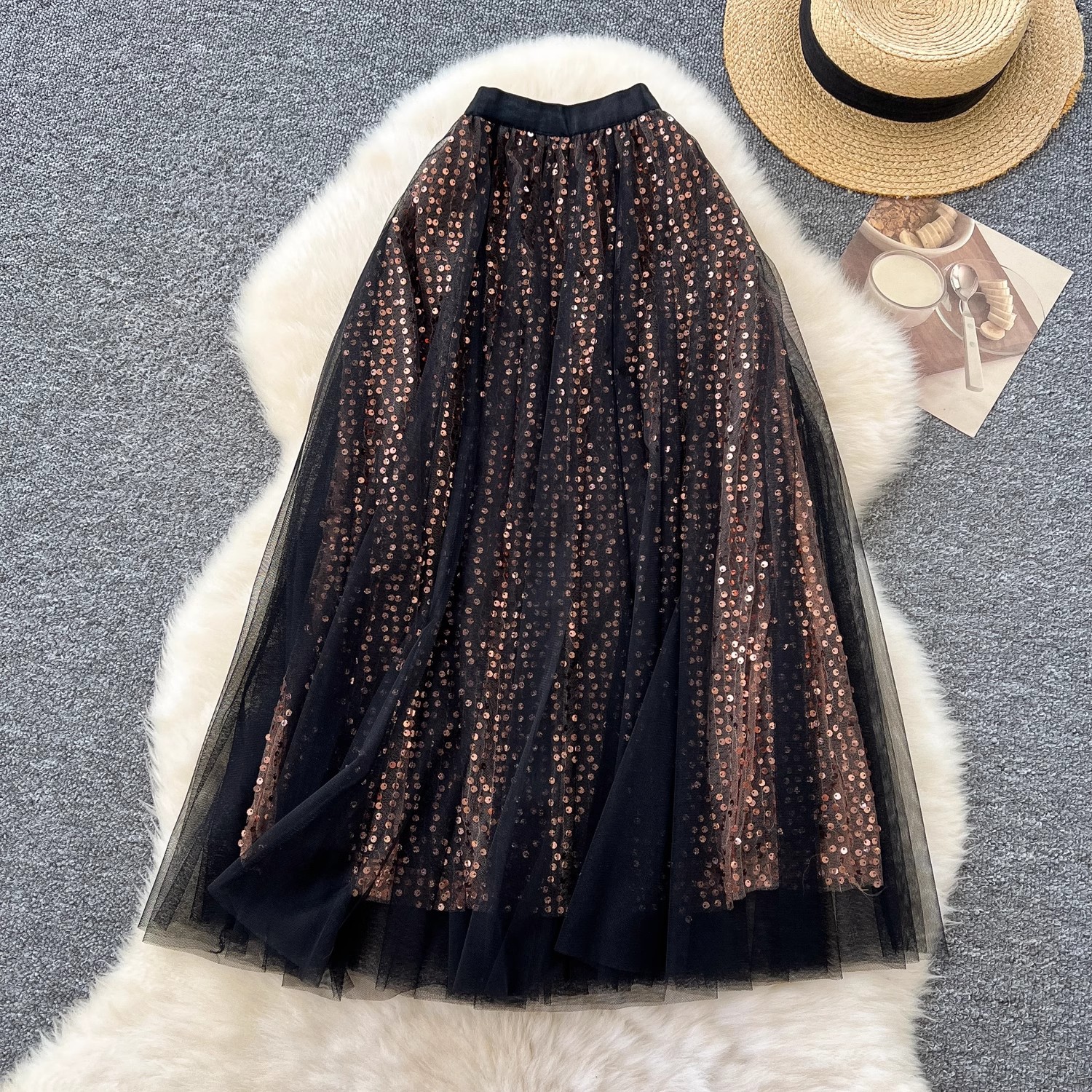 Women's Clothing Fairy Mesh Skirt Winter Elastic Waist Slimming Medium Sequin Velvet Splicing A Line Skirt_voghion.com
