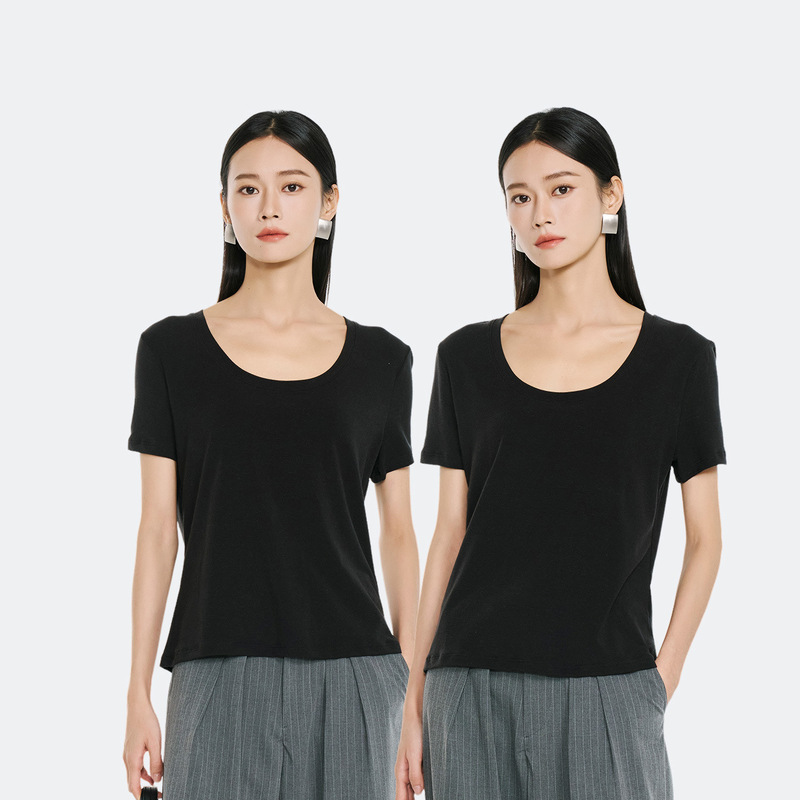 Short-Sleeved T-Shirt with Round Neck, Tencel Linen, 1X1 Ribbed Round Neck, 5101 Basic Model, Mina Shudan