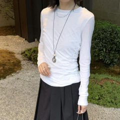 IM25早秋新品烫钻双层长袖扭扭T恤皮肤上衣圆领薄款打底衫修身女