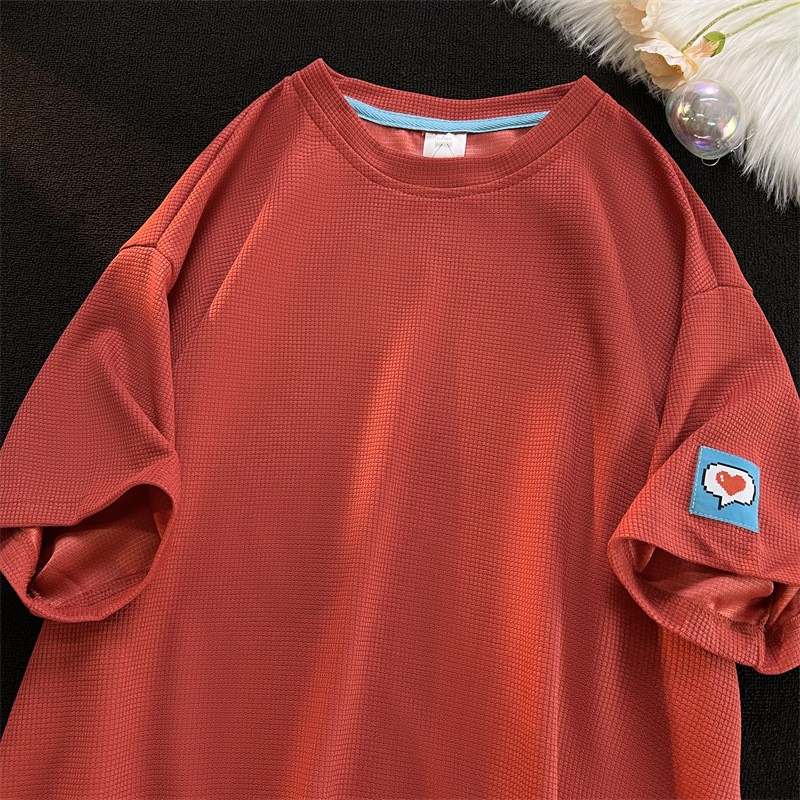 Waffle pesada manga corta verano de los hombres suelta cuello redondo Camiseta marca de moda etiquetado simple moda media manga pareja camiseta