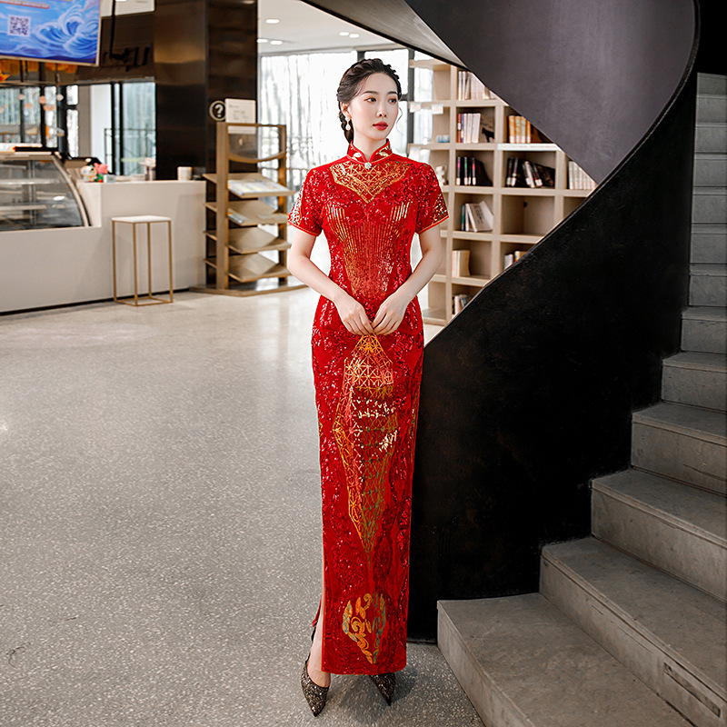 Red Velvet sequined chinese dresses retro oriental qipao dresses for women wedding party cheongsam miss etiquette host singers performance cheongsam for lady