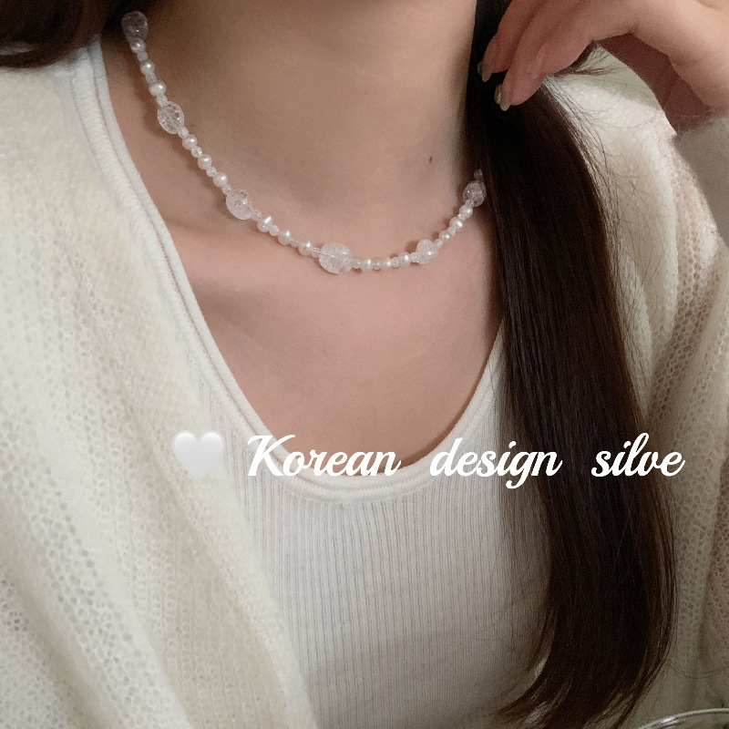 韓版原創手工設計飾品 S925純銀冰紋石天然珍珠項鍊疊戴毛衣鏈女