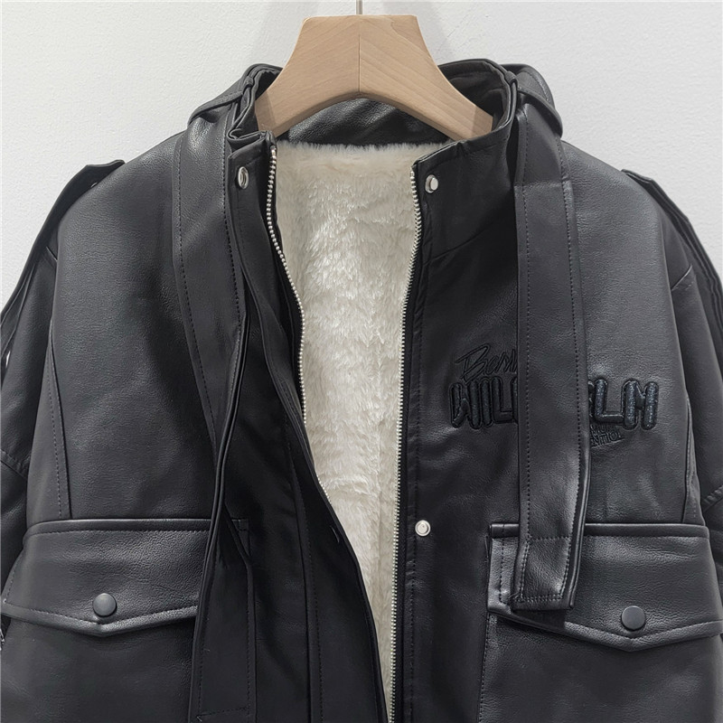 Carta de estilo americano más veludo engrosado lazos chaqueta de cuero PU chaqueta de mujer herramientas sueltas de bolsillo grande chaqueta de locomotora