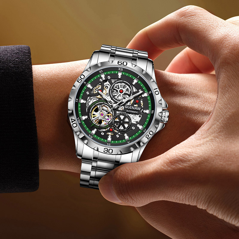 Đồng hồ nam automatic skeleton lộ máy hai mặt phát sáng dây thép