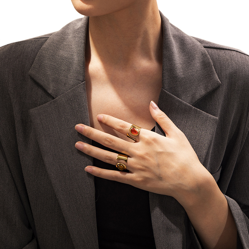 Tina 18K oro tigre ojo titanio anillo de acero mujer no desvanecer piedra natural ágata anillos de acero inoxidable bandera joyería